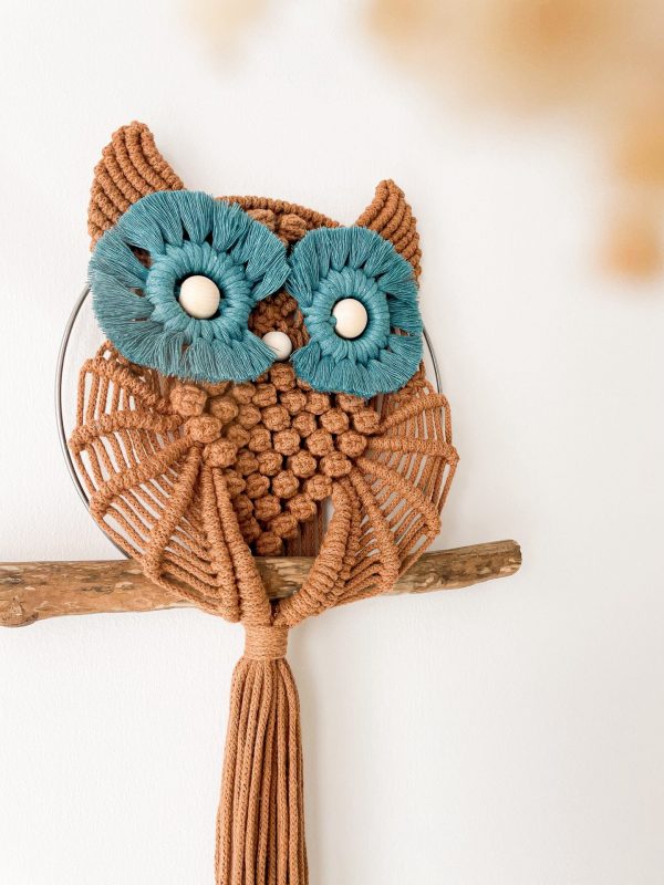 Hibou Macramé Mural caramel et bleu Hibou Macramé Mural