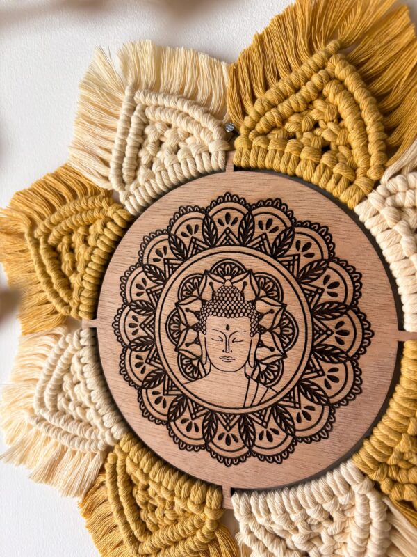 Couronne macramé personnalisé bois et bouddha Couronne Macramé Prénom – Modèle "Soleil"