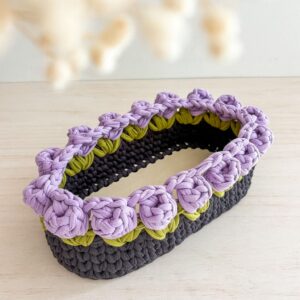 Kit Panière Ovale au Crochet avec Fleurs – Fond en Bois