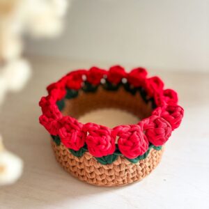 Prototype - Panière Ronde Crochet Motif Rose (Caramel, Sapin & Rouge)