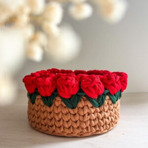 Panière Ronde Crochet Motif Rose Tricolore | Fait Main