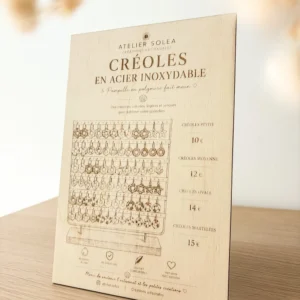 panneau bois stand artisan, présentoir tarifs bois, plaque logo marché créateur, signalétique stand bois, panneau affichage artisan, plv bois personnalisée, panneau prix marché.