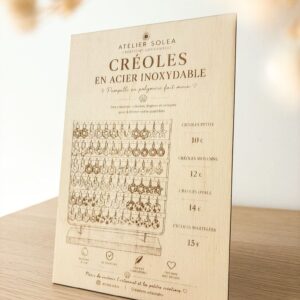 panneau bois stand artisan, présentoir tarifs bois, plaque logo marché créateur, signalétique stand bois, panneau affichage artisan, plv bois personnalisée, panneau prix marché.