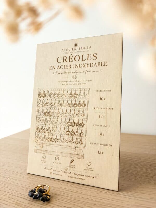 panneau bois stand artisan_03 panneau bois stand artisan, présentoir tarifs bois, plaque logo marché créateur, signalétique stand bois, panneau affichage artisan, plv bois personnalisée, panneau prix marché.